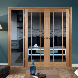 Image: ThruEasi Oak Room Divider - Worcester Clear Glass Unfinished Door Pair with Full Glass Side