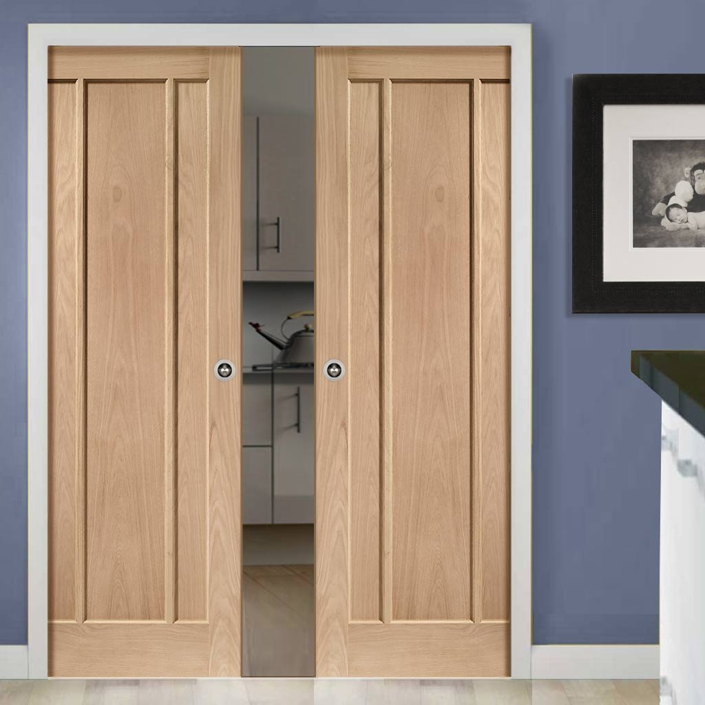 Bespoke Worcester Oak 3 Panel Double Pocket Door - Prefinished