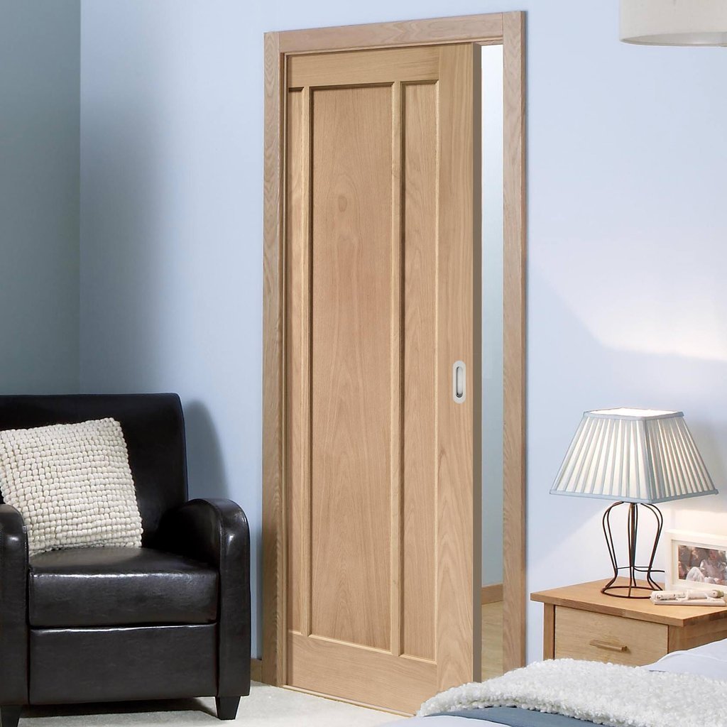 Worcester Oak 3 Panel Single Evokit Pocket Door - Prefinished