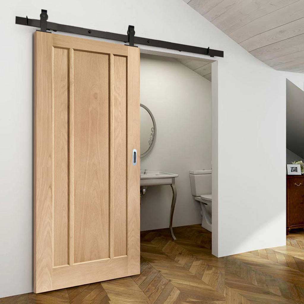 Top Mounted Black Sliding Track & Door - Worcester Oak 3 Panel Door - Unfinished