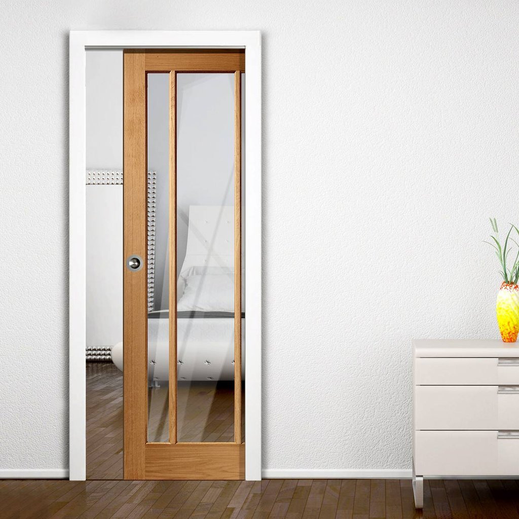 Worcester Oak 3 Pane Single Evokit Pocket Door - Clear Glass