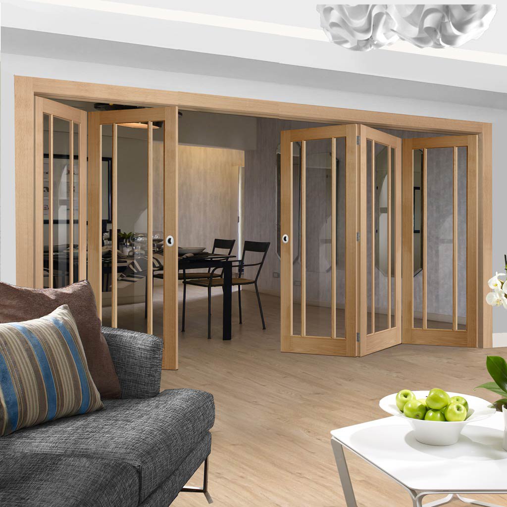Five Folding Doors & Frame Kit - Worcester Oak 3 Pane 3+2 - Clear Glass - Prefinished