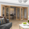 Five Folding Doors & Frame Kit - Worcester Oak 3 Pane 3+2 - Clear Glass - Prefinished