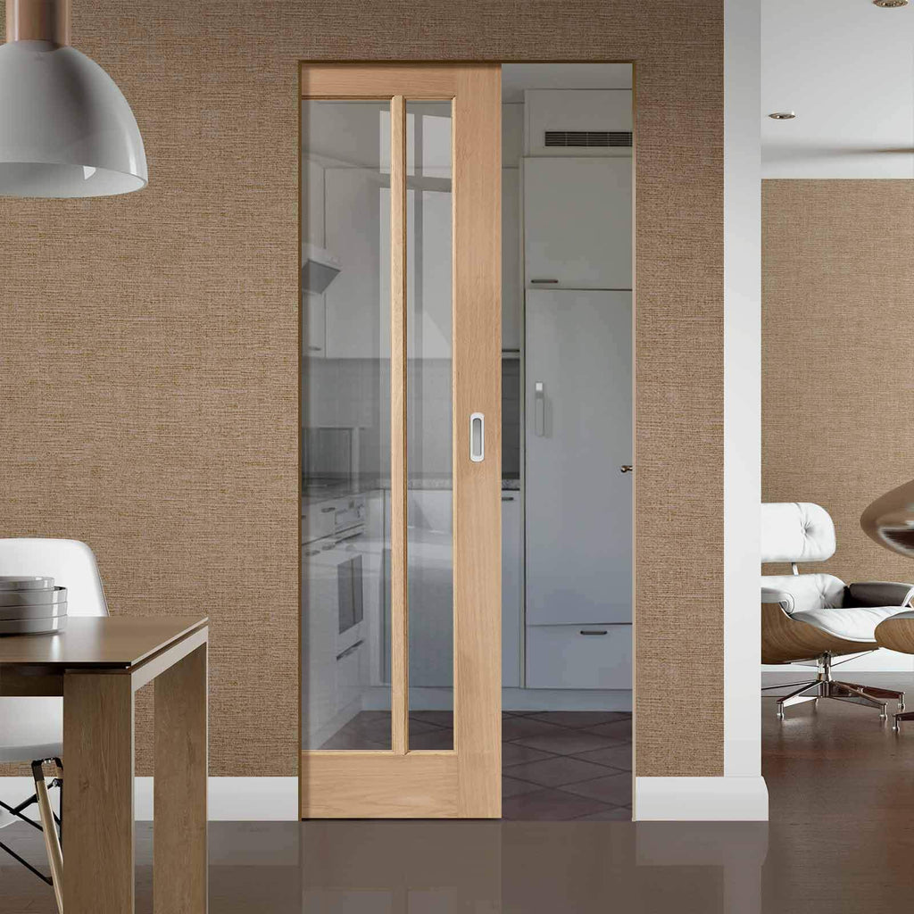 Bespoke Worcester Oak 3L Glazed Single Frameless Pocket Door - Prefinished