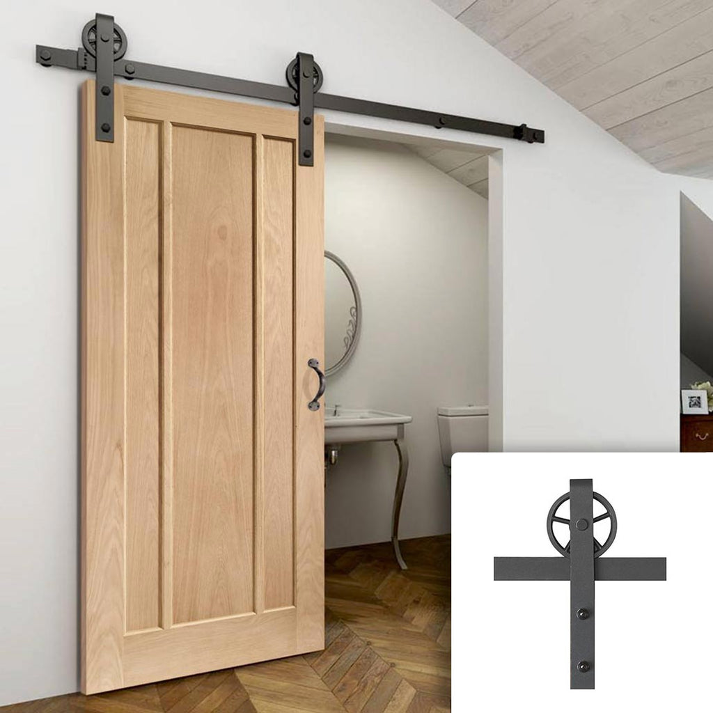 Single Sliding Door & Wagon Wheel Black Track - Worcester Oak 3 Panel Door - Unfinished