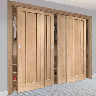Image: Bespoke Thruslide Worcester Oak 3 Panel 4 Door Wardrobe and Frame Kit - Prefinished