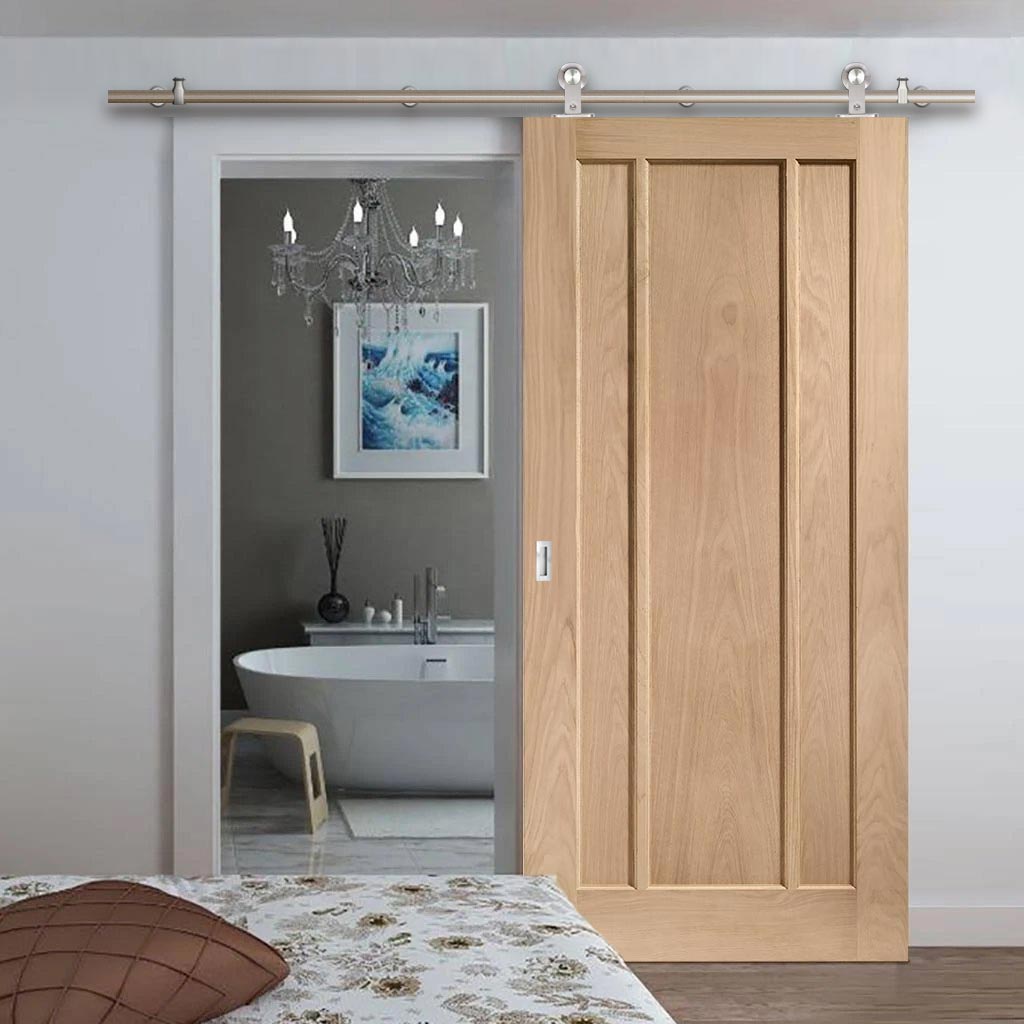 Sirius Tubular Stainless Steel Sliding Track & Worcester Oak 3 Panel Door - Unfinished