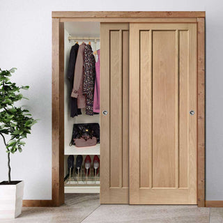 Image: Bespoke Thruslide Worcester Oak 3 Panel 2 Door Wardrobe and Frame Kit - Prefinished