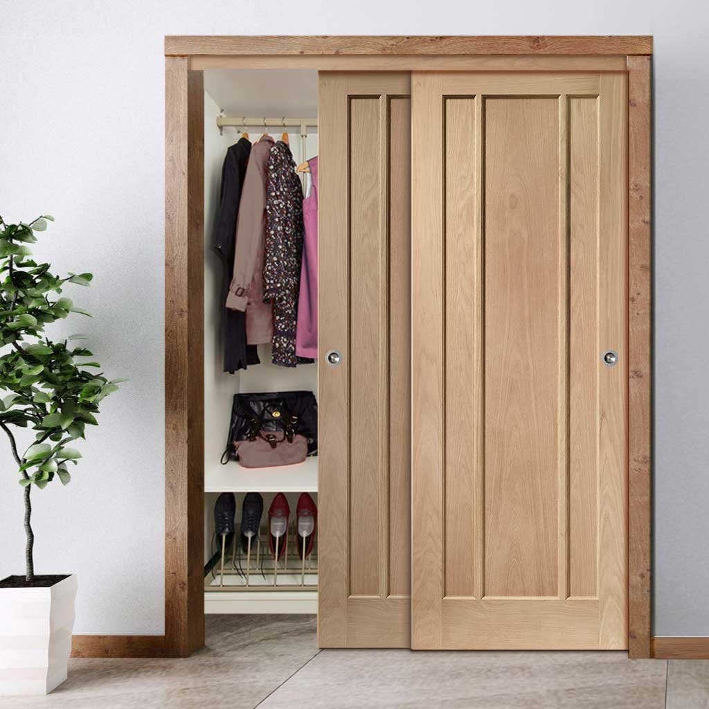 Two Sliding Wardrobe Doors & Frame Kit - Worcester Oak 3 Panel Door - Prefinished