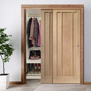Image: Two Sliding Wardrobe Doors & Frame Kit - Worcester Oak 3 Panel Door - Prefinished