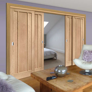 Image: Four Sliding Doors and Frame Kit - Worcester Oak 3 Panel Door - Prefinished
