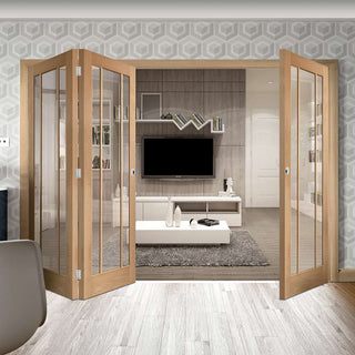 Image: Three Folding Doors & Frame Kit - Worcester Oak 3 Pane 2+1 - Clear Glass - Prefinished