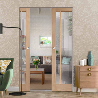 Image: Bespoke Worcester Oak 3L Glazed Double Frameless Pocket Door