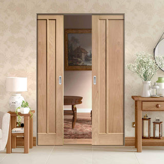 Image: Bespoke Worcester Oak 3 Panel Double Frameless Pocket Door