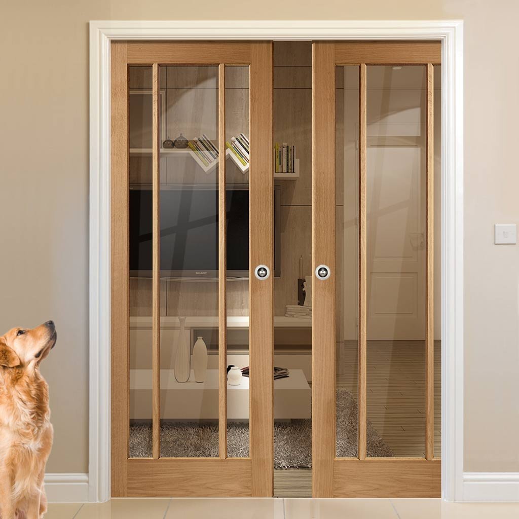 Worcester Oak 3 Pane Double Evokit Pocket Doors - Clear Glass