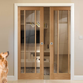 Image: Worcester Oak 3 Pane Double Evokit Pocket Doors - Clear Glass