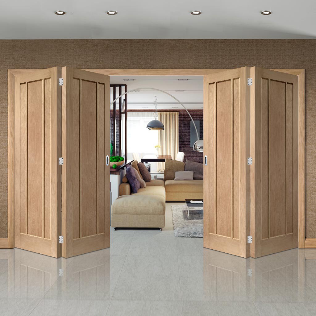 Four Folding Doors & Frame Kit - Worcester Oak 3 Panel 2+2 - Unfinished