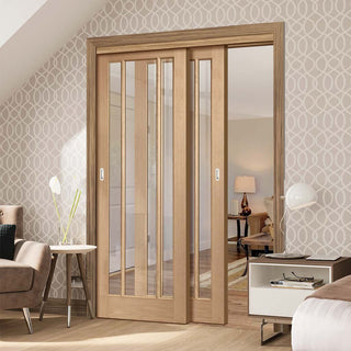 Image: Two Sliding Doors and Frame Kit - Worcester Oak 3 Pane Door - Clear Glass - Unfinished