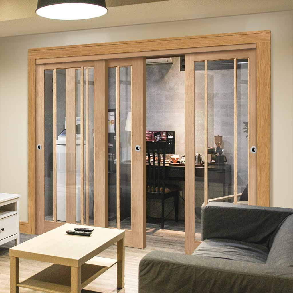 Three Sliding Doors and Frame Kit - Worcester Oak 3 Pane Door - Clear Glass - Unfinished