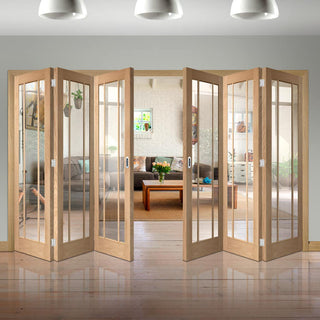 Image: Six Folding Doors & Frame Kit - Worcester Oak 3 Pane 3+3 - Clear Glass - Unfinished