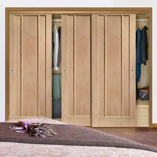 Image: Three Sliding Wardrobe Doors & Frame Kit - Worcester Oak 3 Panel Door - Unfinished