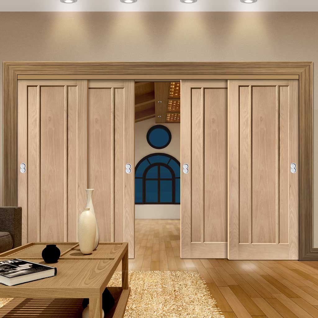 Four Sliding Doors and Frame Kit - Worcester Oak 3 Panel Door - Unfinished
