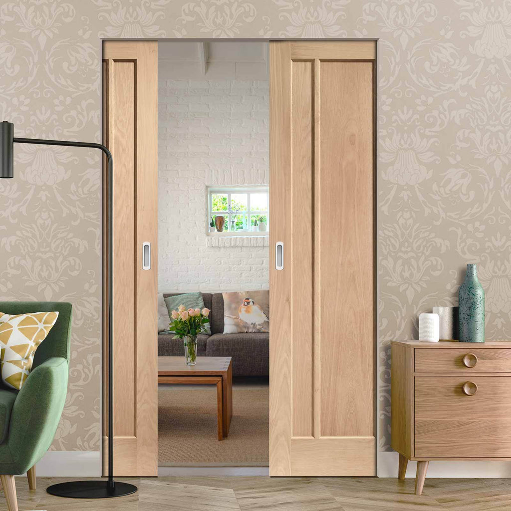 Bespoke Worcester Oak 3 Panel Double Frameless Pocket Door - Prefinished