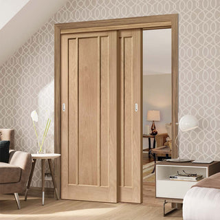 Image: Two Sliding Doors and Frame Kit - Worcester Oak 3 Panel Door - Prefinished