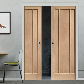 Image: Worcester Oak 3 Panel Double Evokit Pocket Doors - Prefinished