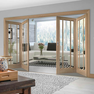 Image: Four Folding Doors & Frame Kit - Worcester Oak 3 Pane 2+2 - Clear Glass - Prefinished
