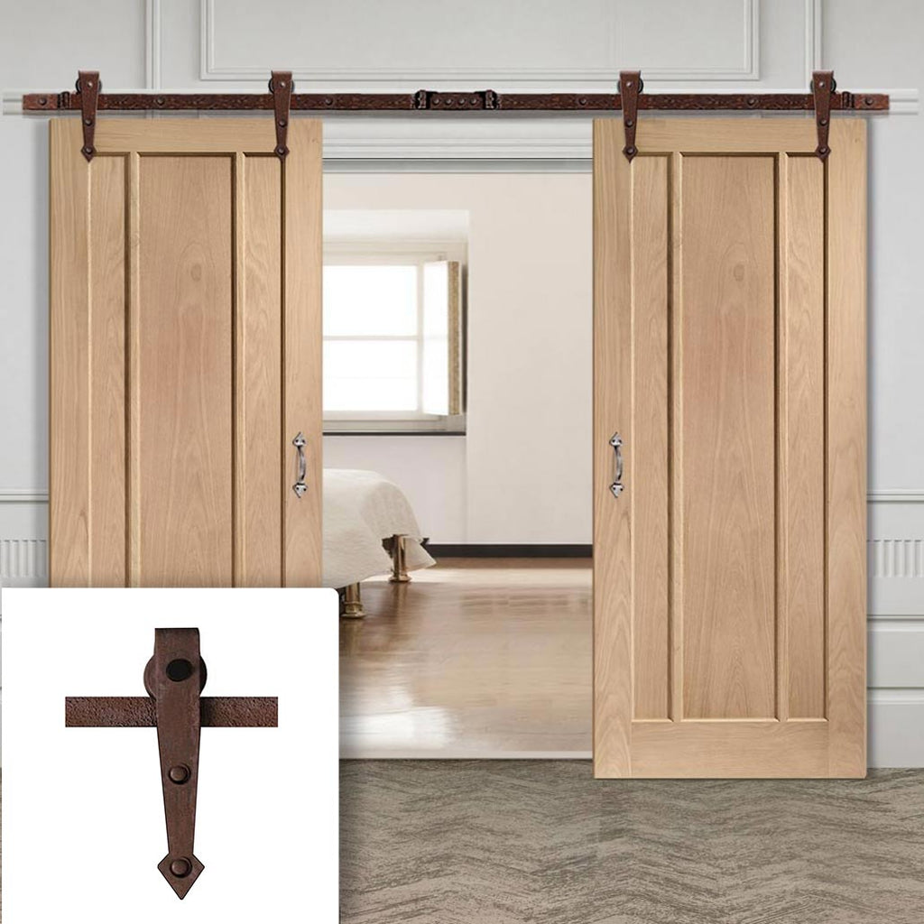 Double Sliding Door & Arrowhead Antique Rust Track - Worcester Oak 3 Panel Doors - Unfinished
