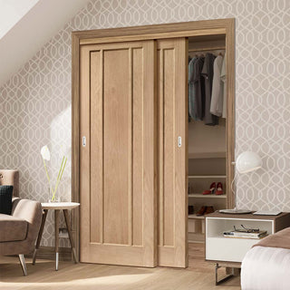 Image: Two Sliding Wardrobe Doors & Frame Kit - Worcester Oak 3 Panel Door - Unfinished