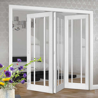 Image: Three Folding Doors & Frame Kit - Worcester 3 Pane 3+0 - Clear Glass - White Primed