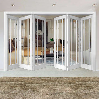 Image: Six Folding Doors & Frame Kit - Worcester 3 Pane 3+3 - Clear Glass - White Primed