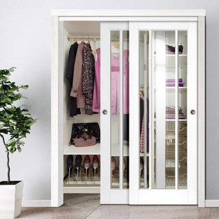 Image: Bespoke Thruslide Worcester 3L 2 Door Wardrobe and Frame Kit - Clear Safety Glass - White Primed