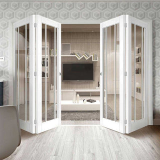 Image: Four Folding Doors & Frame Kit - Worcester 3 Pane 2+2 - Clear Glass - White Primed