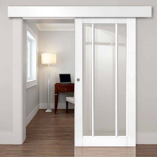 Image: Single Sliding Door & Wall Track - Worcester 3 Pane Door - Clear Glass - White Primed