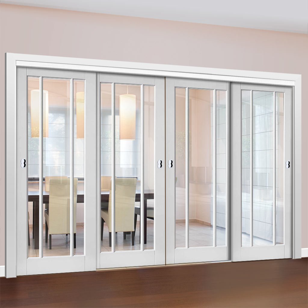 Four Sliding Doors and Frame Kit - Worcester 3L Door - Clear Glass - White Primed