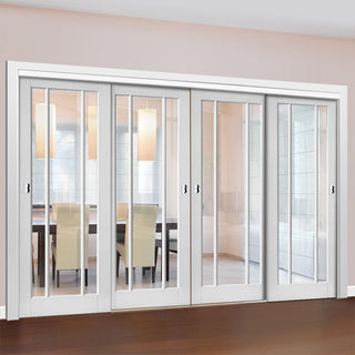 Image: Four Sliding Doors and Frame Kit - Worcester 3L Door - Clear Glass - White Primed