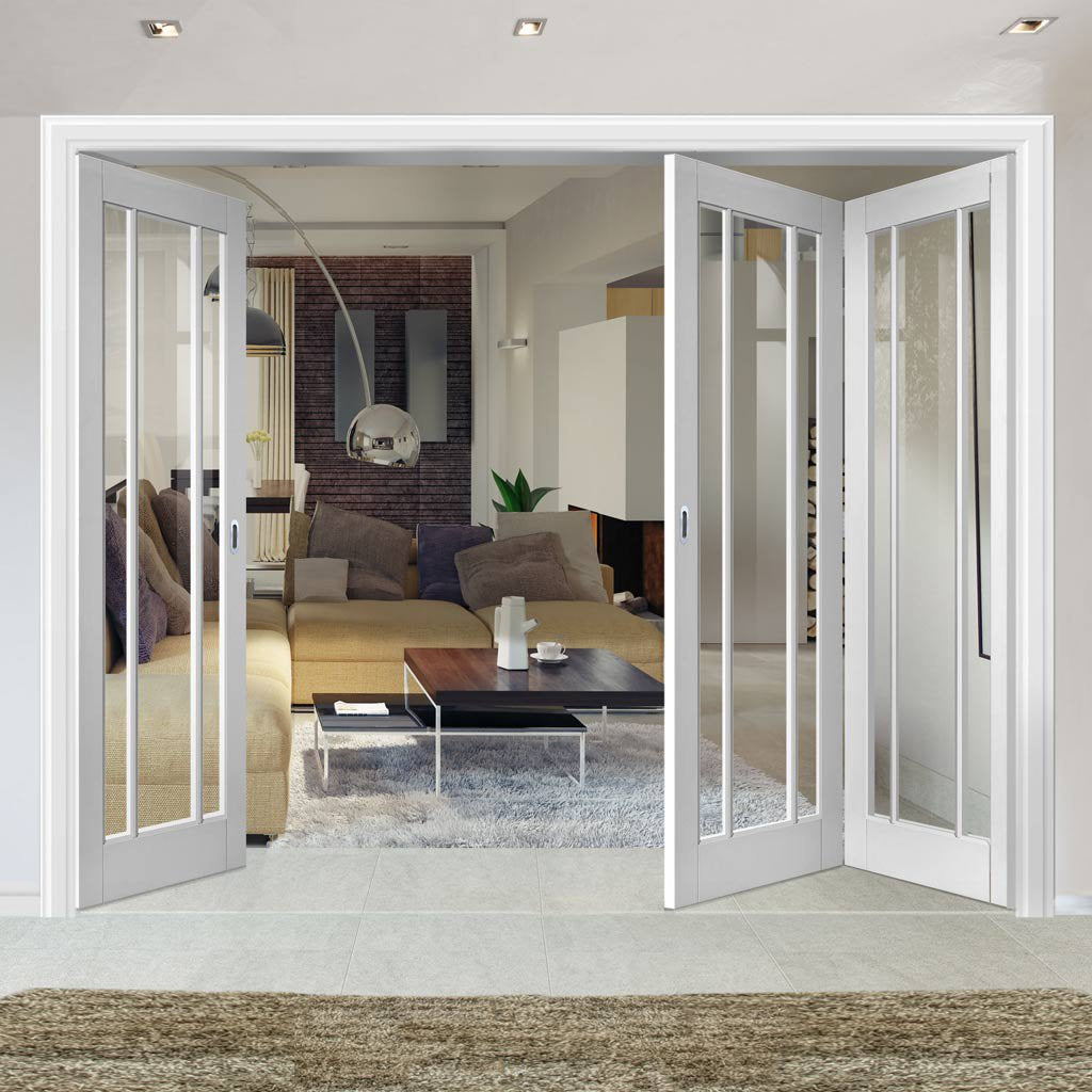 Three Folding Doors & Frame Kit - Worcester 3 Pane 2+1 - Clear Glass - White Primed