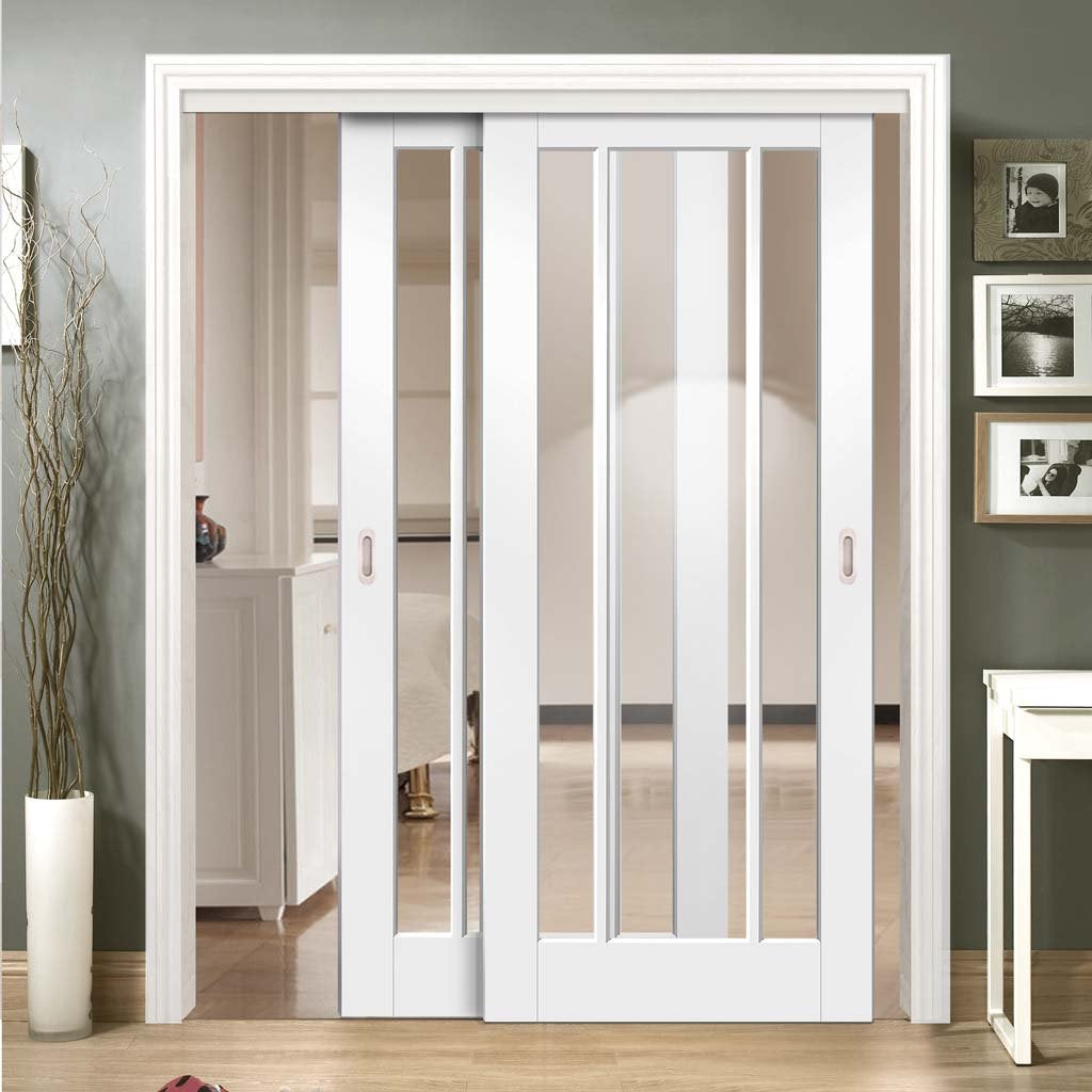 Two Sliding Doors and Frame Kit - Worcester 3L Door - Clear Glass - White Primed
