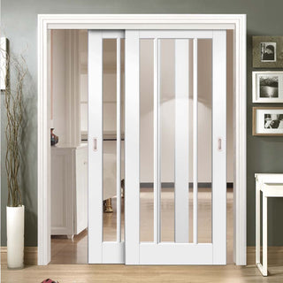 Image: Two Sliding Doors and Frame Kit - Worcester 3L Door - Clear Glass - White Primed