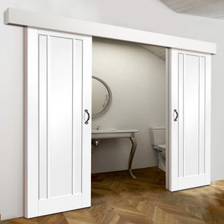 Image: Bespoke Thruslide Surface Worcester 3P - Sliding Double Door and Track Kit - White Primed