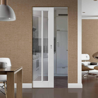 Image: Bespoke Worcester White Primed 3 Pane Single Frameless Pocket Door - Clear Glass