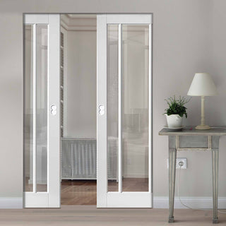 Image: Bespoke Worcester White Primed 3 Panel Double Frameless Pocket Door