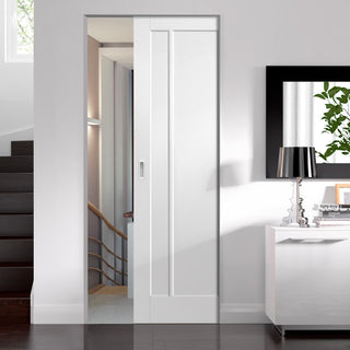 Image: Bespoke Worcester White Primed 3 Panel Single Frameless Pocket Door