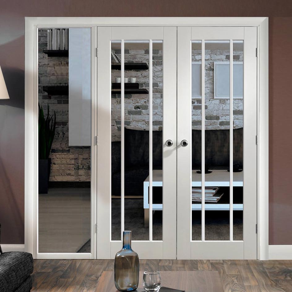 ThruEasi White Room Divider - Worcester Clear Glass Primed Door Pair with Full Glass Side