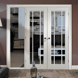 Image: ThruEasi White Room Divider - Worcester Clear Glass Primed Door Pair with Full Glass Side