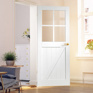 Image: Internal Frame Ledged and Braced Cottage Door with Clear Glass - White Primed