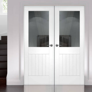 Image: Simpli Double Door Set - Suffolk Door - Clear Glass - White Primed